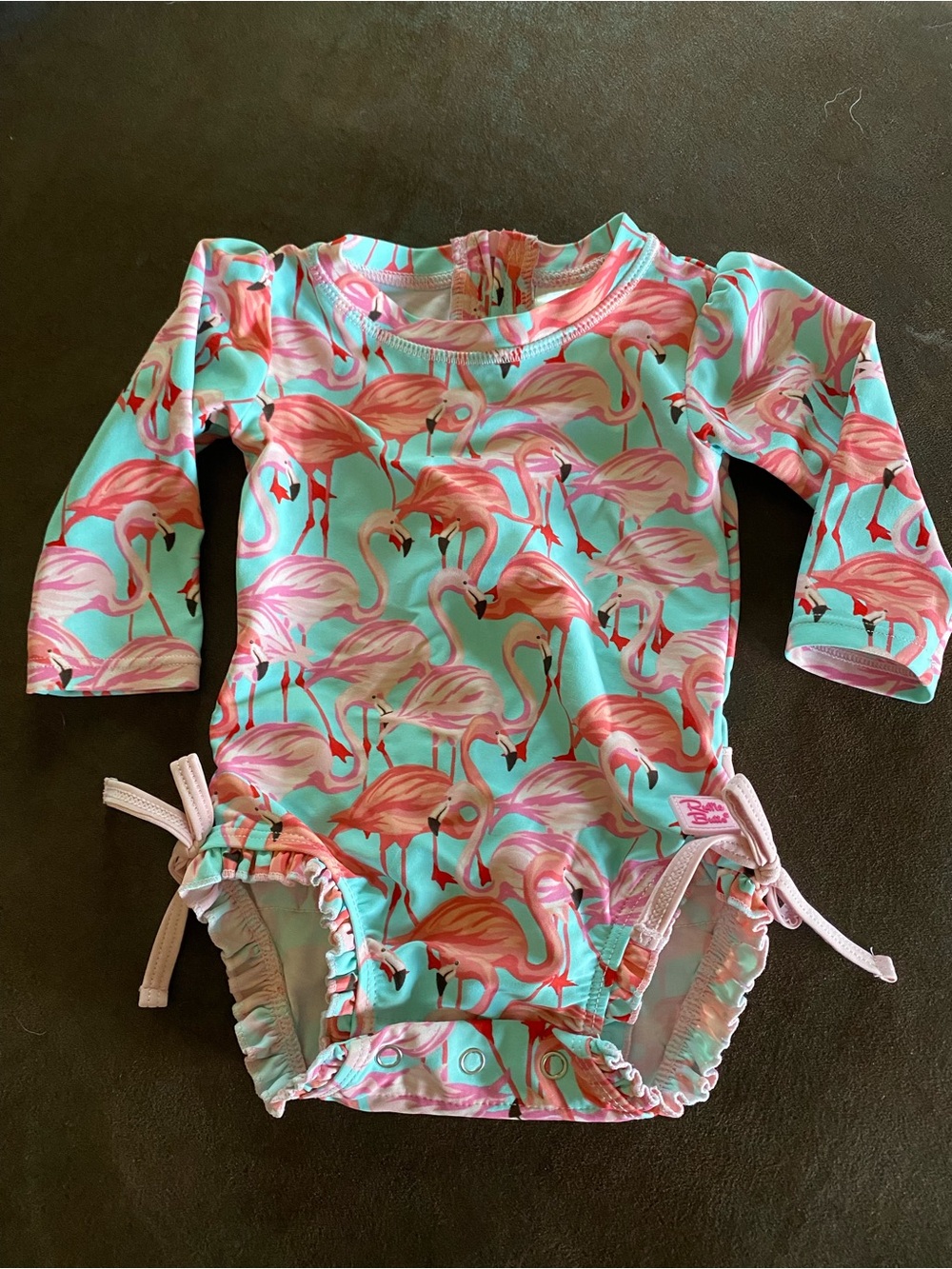Ruffle Butts Pink Flamingo Mint Long-Sleeve Swim Rashguard